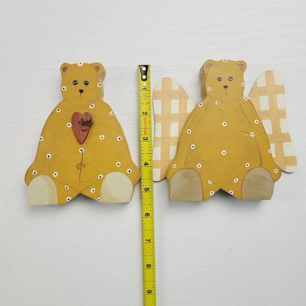 Two Vintage Handmade Folk Art Wooden Bears Angel Wings Heart Hand Painted polka.